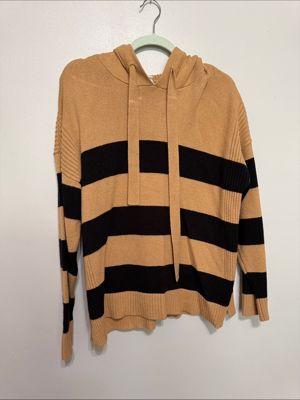 Women’s Tan and Black Striped Hooded Sweater